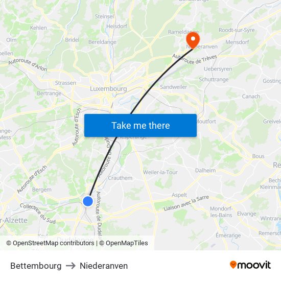 Bettembourg to Niederanven map