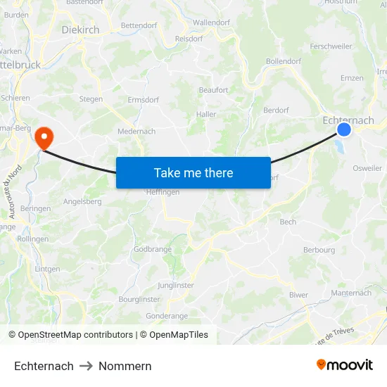Echternach to Nommern map