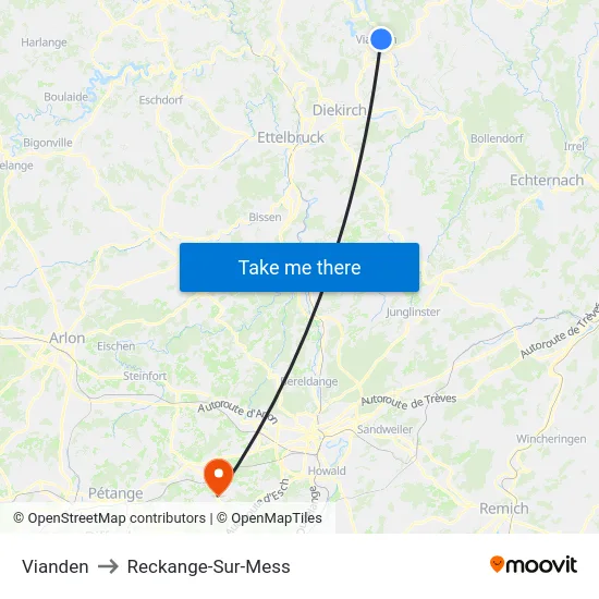 Vianden to Reckange-Sur-Mess map