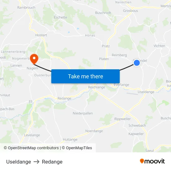 Useldange to Redange map