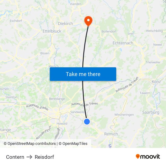 Contern to Reisdorf map