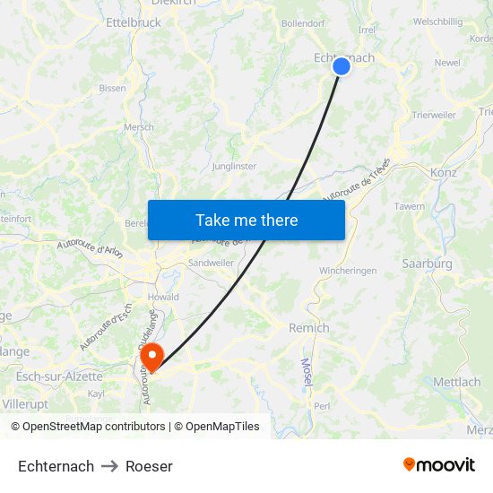 Echternach to Roeser map