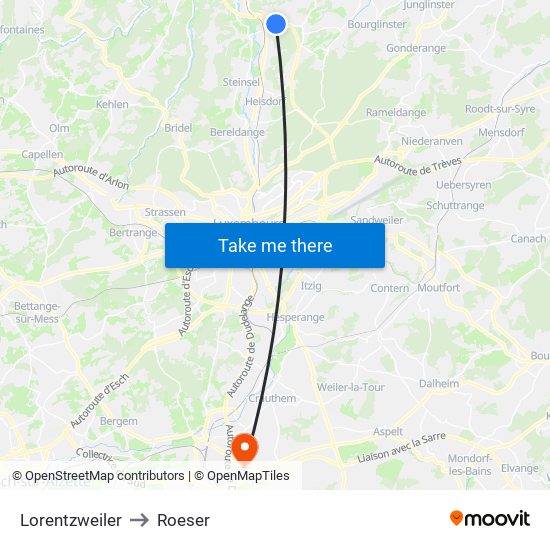 Lorentzweiler to Roeser map