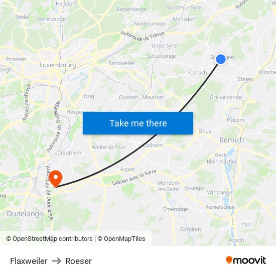 Flaxweiler to Roeser map
