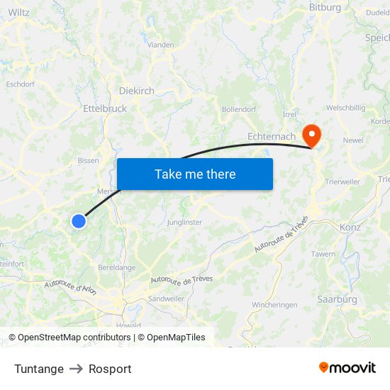 Tuntange to Rosport map