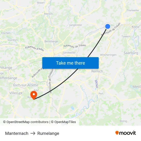 Manternach to Rumelange map