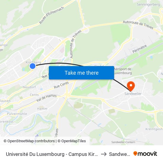 Université Du Luxembourg - Campus Kirchberg to Sandweiler map