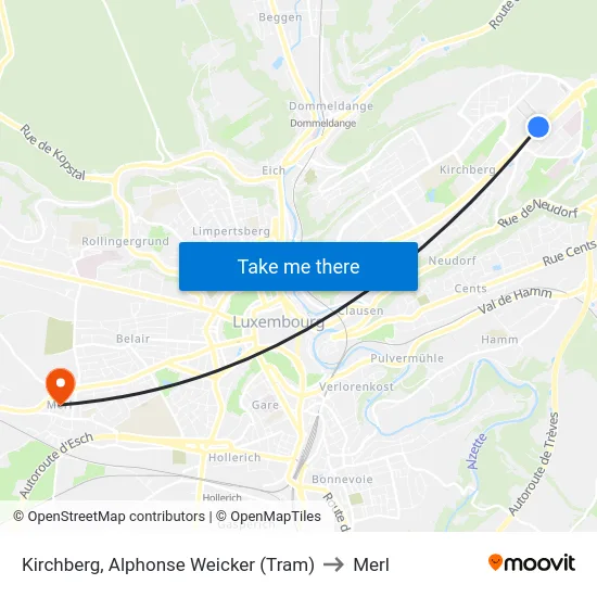 Kirchberg, Alphonse Weicker (Tram) to Merl map