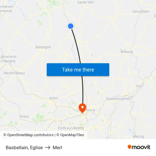 Basbellain, Eglise to Merl map