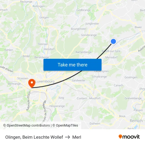 Olingen, Beim Leschte Wollef to Merl map