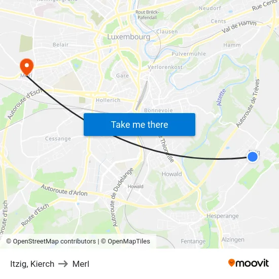 Itzig, Kierch to Merl map