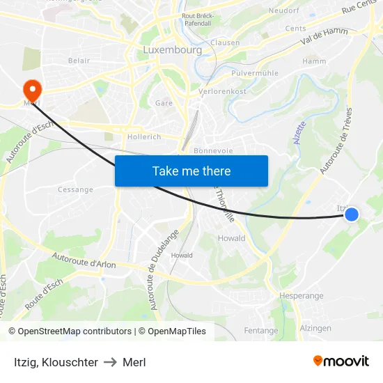 Itzig, Klouschter to Merl map
