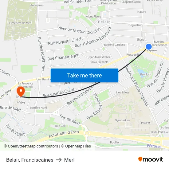 Belair, Franciscaines to Merl map
