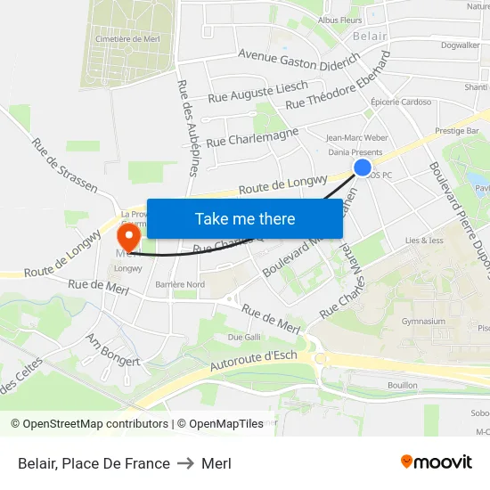 Belair, Place De France to Merl map