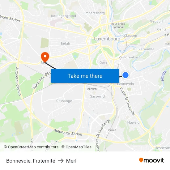 Bonnevoie, Fraternité to Merl map