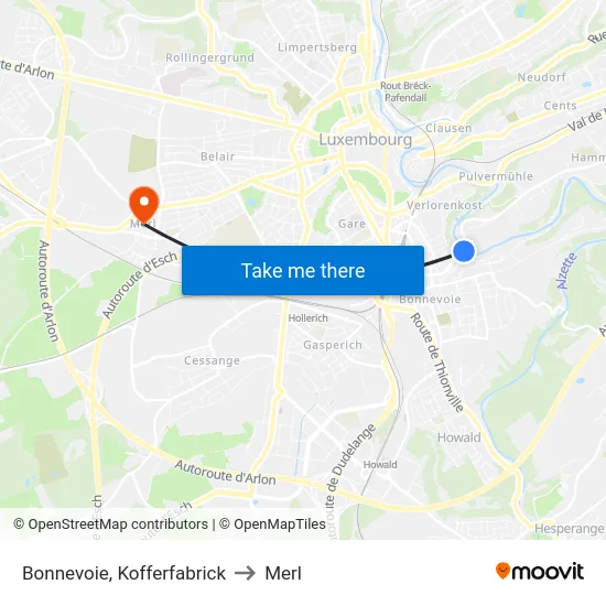 Bonnevoie, Kofferfabrick to Merl map