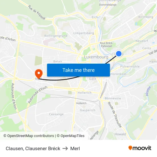 Clausen, Clausener Bréck to Merl map