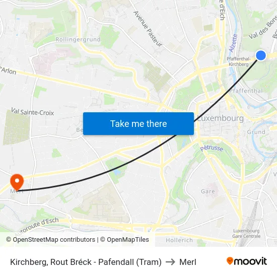 Kirchberg, Rout Bréck - Pafendall (Tram) to Merl map