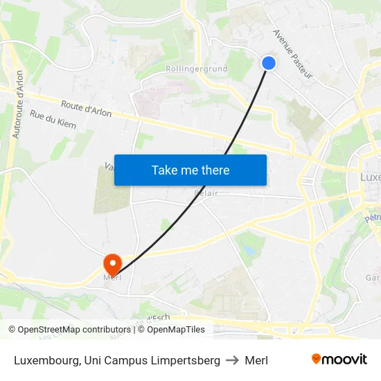 Luxembourg, Uni Campus Limpertsberg to Merl map