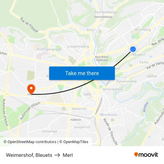 Weimershof, Bleuets to Merl map