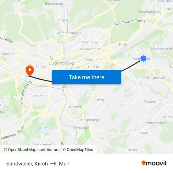 Sandweiler, Kiirch to Merl map