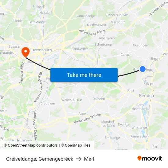 Greiveldange, Gemengebréck to Merl map