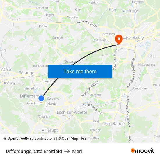 Differdange, Cité Breitfeld to Merl map