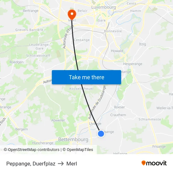 Peppange, Duerfplaz to Merl map
