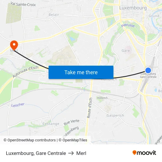 Luxembourg, Gare Centrale to Merl map