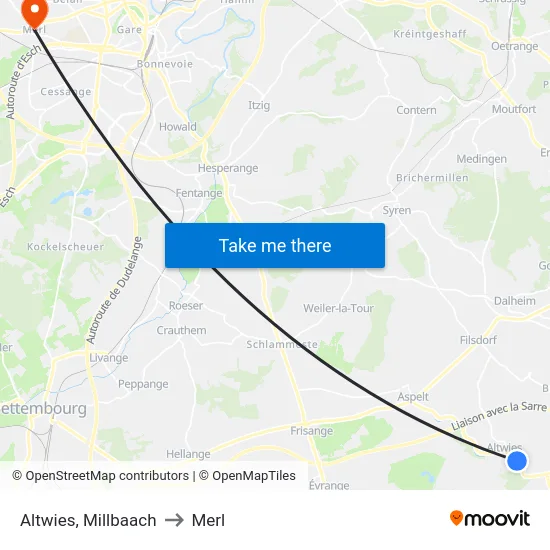 Altwies, Millbaach to Merl map
