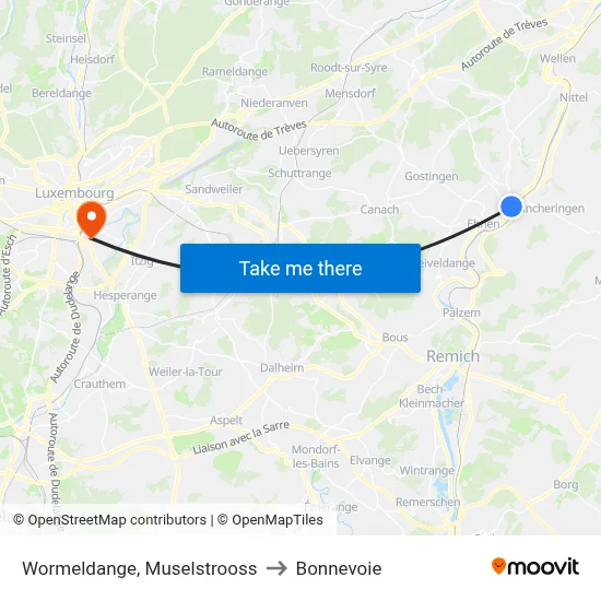 Wormeldange, Muselstrooss to Bonnevoie map