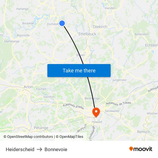 Heiderscheid to Bonnevoie map