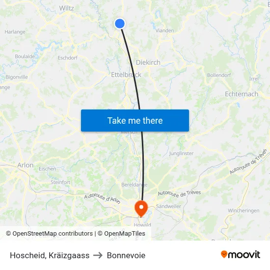 Hoscheid, Kräizgaass to Bonnevoie map