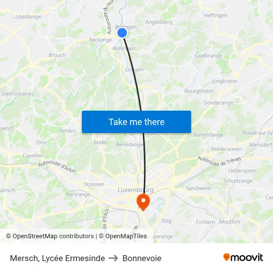 Mersch, Lycée Ermesinde to Bonnevoie map
