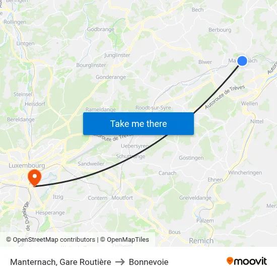 Manternach, Gare Routière to Bonnevoie map