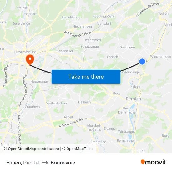 Ehnen, Puddel to Bonnevoie map