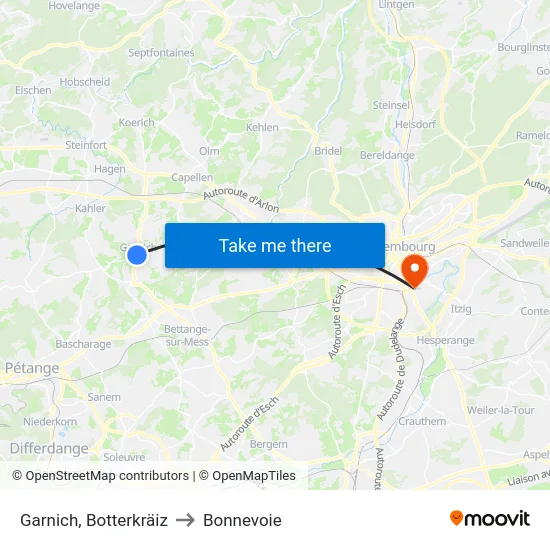 Garnich, Botterkräiz to Bonnevoie map