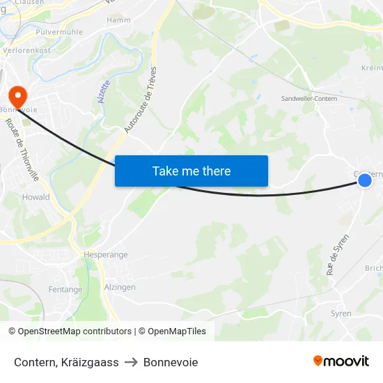 Contern, Kräizgaass to Bonnevoie map