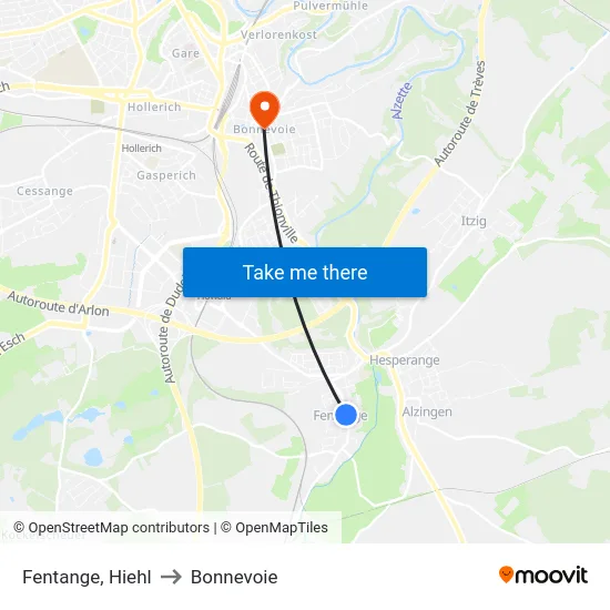 Fentange, Hiehl to Bonnevoie map