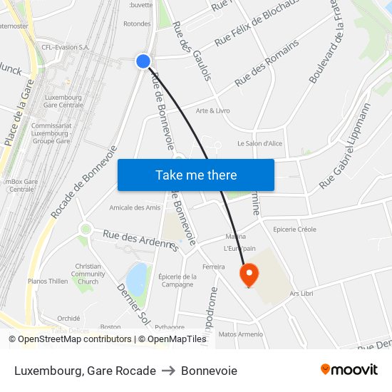 Luxembourg, Gare Rocade to Bonnevoie map