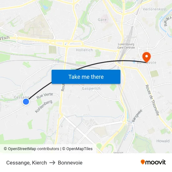 Cessange, Kierch to Bonnevoie map