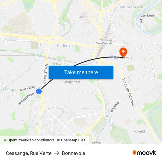 Cessange, Rue Verte to Bonnevoie map