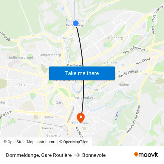 Dommeldange, Gare Routière to Bonnevoie map
