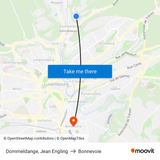 Dommeldange, Jean Engling to Bonnevoie map