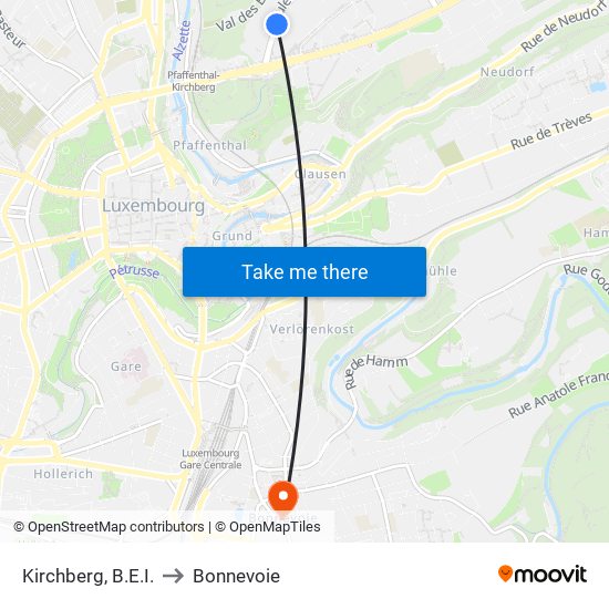 Kirchberg, B.E.I. to Bonnevoie map