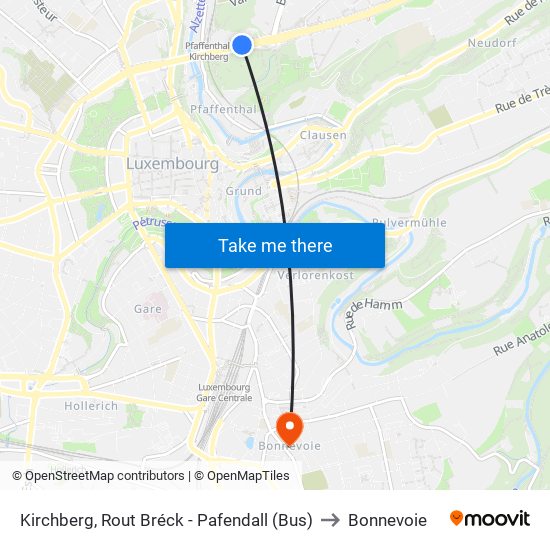 Kirchberg, Rout Bréck - Pafendall (Bus) to Bonnevoie map