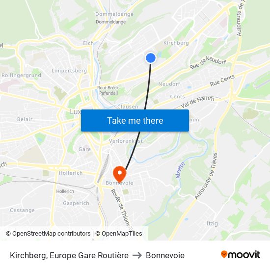 Kirchberg, Europe Gare Routière to Bonnevoie map