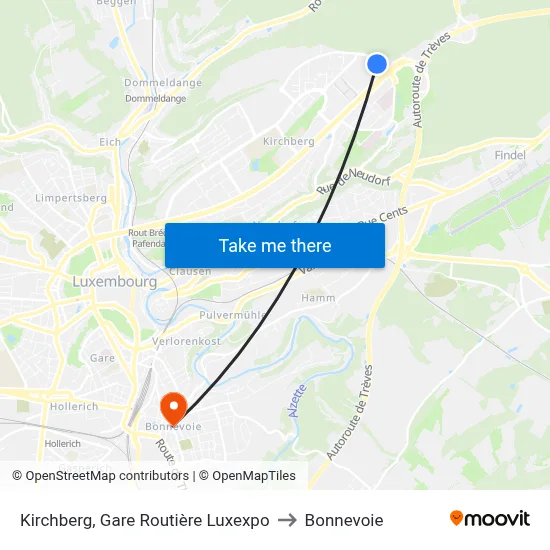 Kirchberg, Gare Routière Luxexpo to Bonnevoie map