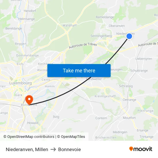 Niederanven, Millen to Bonnevoie map