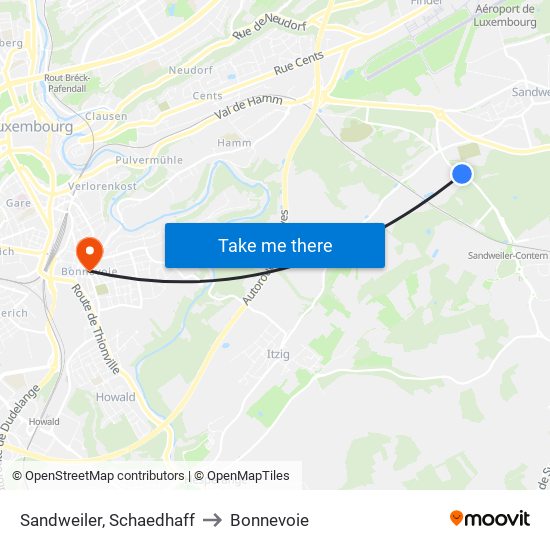 Sandweiler, Schaedhaff to Bonnevoie map